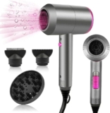 Ionic Hair Dryer with Powerful AC Motor, Fast Drying Hairdryer 2 Speeds & 3 Heat Settings with Cool Shot, Includes 1 Diffuser and 2 Concentrators for Women & Men Grey