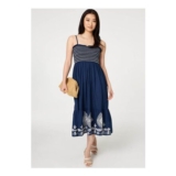Izabel London Blue Embroidered Border Cami Strap Midi Dress