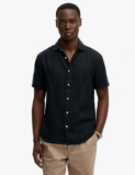 JAEGER Regular Fit Luxury Linen Cotton Short Sleeve Shirt – Navy – Medium