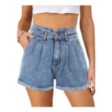 JASAMBAC Womens Vintage Denim High-Rise Folded-Hem Shorts Dark Blue L