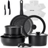 JEETEE Pots and Pans Set Non Stick 17pcs, Kitchen Cookware Sets with Detachable Handle, Induction Nonstick Cookware Set with Removable Handle, Stackable RV Cookware, Oven Safe, PFOA Free, Black