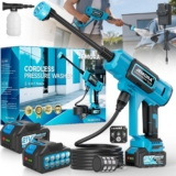 JEMORA Cordless Pressure Washer with 2 Batteries, 3 Modes, 6-in-1 Nozzle Brushless motor, dual 4000mAh batteries, 3 power modes, 6-in-1 nozzle and foam bottle for car, patio and garden cleaning