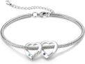 Jeweidea Personalised Heart Birthstone Women Bracelet with Engrave Name Stainless Steel Adjust Snake-bone Chain Silver Gold Pendant Bracelet for Mum Nan Mothers Day Christmas Gift