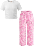 JiAmy Girls Clothes Tracksuit Outfits 2 Piece Clothing Sets Tweens 7-14Y Soft, breathable,ribbed short sleeve crew neck tops,trendy wide-leg cargo pants with multi-pockets,casual &sport &school