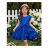 JiAmy Girls Ruffle Sleeve Dress with Bow Belt – Blue, Red or Pink (7-8 Years)