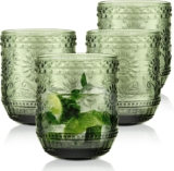Joeyan 360ml Green Drinking Glasses Set of 4, Decorative Floral Embossed Highball Glass Tumbler Vintage Water Glasses, Heavy Duty Glassware Beverages Tumblers for Whisky, Beer, Juice, Wine