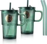 Joeyan 430ml Green Glass Tumbler with Straws and Lids, Glass Mug Iced Coffee Cup with Handle Set of 2, Colored Glasses Drinking Jar for Smoothie Matcha Coffee Tea Juice Beverages