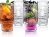 Joeyan Vintage Glassware Drinking Glasses Set of 4, 340ml Highball Glass Cups, Embossed Clear Tall Water Tumbler with Pattern for Cocktail, Beer, Whiskey, Juice, Iced Coffee Tea and Mixed Drinks
