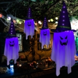 Jsdoin Halloween Decorations Hanging Ghost Lighted Flying Ghost Grim Reaper Skull Chains Glowing Ghost White Ghost Wizard Hat for Garden Yard Halloween Party Tree Door Lawn Party Supplies