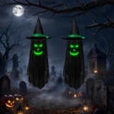 Jsdoin Halloween decoration hanging ghost glowing ghost wizard hat garden courtyard Halloween party tree door lawn party supplies, glowing stickers need to be exposed to sunlight (black)
