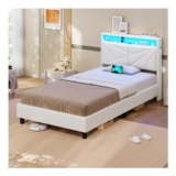 KIMENICH Single Bedframe, 90×190 Cm, LED, Slats, Sockets, PU White