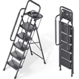 KINGRACK 5 Step Ladder, Folding Steel Step Ladder with Tool Tray, Handrail, Anti-Slip Wide Pedals, Safe Lock Design, Heavy Duty 226kg Load