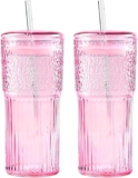 KOOSREEL Iced Coffee Cup, 2 Pack 20Oz/600ml Clear Glasses Cups with Lids and Glass Straws Drinking Glasses for Milk, Ice Water, Juice, Coffee, Soda,Cocktail,Cold or Hot Drinks