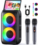 Karaoke Machine 2 Microphones Speaker 2 x 15W with Rechargeable Microphone 10H of Playtime Supports TV/Phone/TWS/AUX For Party/Outdoor/Office/Live Mixers (Black-2 Mic)