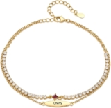 Kaululu Personalised Women Anklet Bracelet with Name and Birthstone Adjustable Layered Anklets Bracelet with Engraving for Mum, Grandma, Girl for Summer Beach Jewellery