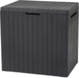 Keter City 113L Outdoor 96% recycled Small Balcony Garden Furniture Storage Box Grey Wood Panel Effect Fade Free All Weather Resistant Safe and Secure Zero Maintenance 2 year Warranty