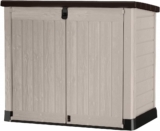 Keter Store It Out Pro Outdoor Garden Furniture Storage Shed Beige with Brown Lid Fade Free All Weather Resistant Safe and Secure Zero Maintenance 5 year Warranty