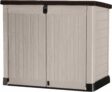 Keter Store It Out Pro Outdoor Garden Furniture Storage Shed Beige with Brown Lid Fade Free All Weather Resistant Safe and Secure Zero Maintenance 5 year Warranty