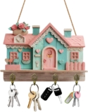 Key Holder for Wall, 2D House-Shaped Key Holder, Wooden Towel Key Hooks Coat Hanger with 4 Hooks Decorative Wall Mounted Key Rack for Entryway Hallway Living Room Bedroom Kitchen Office