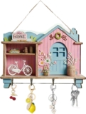 Key Holder for Wall, Wooden 2D House-Shaped Key Key Holder, Drilling Key Rack with 4 Hooks Wall Mounted, Key Hangers for Wall Living Room, Kitchen, Office