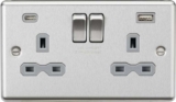 Knightsbridge 13A 2G SP Switched Socket, USB-C & USB-A (20W Max Neither/Shared) Brushed Chrome With Grey Insert
