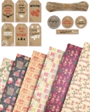 Kraft & Co – Christmas Wrapping Paper 12 Sheets – Recycled Kraft Gift Wrap Sheets 50 x 70cm, 6 Festive Holiday Designs with Tags & Twine, Eco Friendly, Biodegradable & Recyclable, Buzz