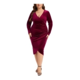 Kyzoeyou Plus-Size Velvet Wrap Dress, Ruched V-Neck, Long Sleeve