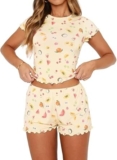 LACOZY Womens Pyjama Sets 2 Piece Short Sleeve Pjs Cute Graphic Crop Tops Shorts Y2K Sleepwear Lounge Set