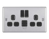 LAP 13A 2-Gang SP Switched Socket 2.4A 12W 2-Outlet Type A USB Charger Brushed Steel with Black Insert