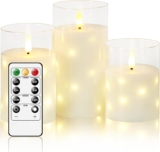 LED Flameless Candles, Battery Candles Flickering Set, Built in Hidden String, 11 Key Remote Control & Timer, Glass Real Wax, Set of 3, H 4 5 6 (White)