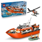 LEGO City Coast Guard Rescue Boat & Helicopter Toy – Emergency Vehicles Playset w/Model Floating Ship, 5 Minifigures & a Dog Figure – 60504