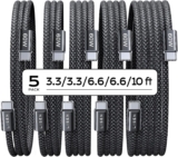 LISEN 5-Pack USBC Cables 3.3/3.3/6.6/6.6/10FT for iPhone 16/15 Pro Max, Samsung S24/S23, iPad & MacBook Air/Pro – 60W (3.1A) Fast