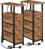 LOAKEKEL Narrow Bedside Table Set of 2, Slim Side Table for Bedroom Bed Side Table Living Room with Charging Station, Sofa Table with 3 Fabric Drawers, Small Nightstand for Small Spaces, Brown