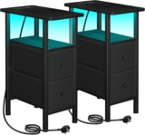 LOAKEKEL Slim Bedside Table Set of 2 with Charging Station, Narrow Side Table with LED Lights, Small Sofa Table with 2 Fabric Drawers, Nightstand for Small Spaces, Living Room, Black UHETNDP02LBK