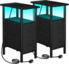 LOAKEKEL Slim Bedside Table Set of 2 with Charging Station, Narrow Side Table with LED Lights, Small Sofa Table with 2 Fabric Drawers, Nightstand for Small Spaces, Living Room, Black UHETNDP02LBK