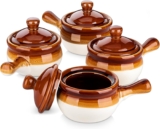 LOVECASA 16 OZ French Onion Soup Crocks with Lid,Porcelain Soup Bowls with Extended Handle,Serving Bowls for Chili, Beef Stew, Cereal, Pot Pies, Lasagna,Microwave/Oven-Safe,Set of 4
