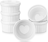 LOVECASA Ramekins 8 oz for Creme Brulee, Porcelain White Ramekin Set Souffle Dishes Oven Safe for Baking and Dipping Sauces Bowls, Heart-shaped Bottom, Set of 6