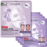 LOreal Paris Glass Skin Hydrogel Face Masks, Korean Inspired, 4 Pcs Korean Inspired Skincare, Visibly Transform Skin, Dewy Plumped & Refreshed Look, with Hyaluronic Acid, Adenosine & Glycerin
