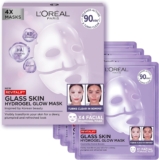 LOreal Paris Glass Skin Korean Face Mask 4 Pcs, Revitalift Filler Hydrogel Glow Mask, Korean Inspired Skincare, Visibly Transform Skin, Dewy, Plumped and Refreshed Look