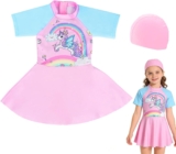 LUVDECO Girls Swimming Costume Skirted Girls UV Sun Protection Skirt Suit with Cap Unicorn Girls One-Piece Swimsuit Kids Zipper Short Sleeve Swimwear
