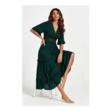 Lace Trim v Neck Tiered Midi Dress