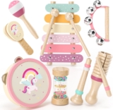 Lehoo Castle Kids Toddler Wooden Musical Instruments, Montessori Musical Toys for 1-3 Year Old Girls, Unicorn Baby Maracas Xylophone Tambourine Percussion Instruments Set 18M