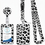 Leopard Print ID Card Holder Set with Lanyard and Badge Reel Vertical ABS Work Badge Holder with Clear Window for Office Nurse Teacher Staff Accessories (Black&White)