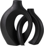 Levvohd Black Hollow Ceramic Vase Set of 2, Snuggle Round Boho Donut Modern Vase Nordic Minimalist Decorative Vase for Modern Trendy Home Table Centerpiece Decor (W 6.3 X H 8)