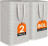 Lifewit 2 Pack 80L Collapsible Laundry Basket, Extended Handles, Grey & White Stripes – Sold by Lifewit Home UK / FBA