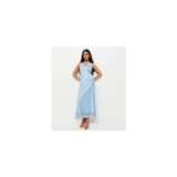 Light Blue Satin Lace Trim Halteneck Midi Dress