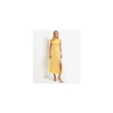 Light Yellow Satin Lace Sleeve Split Midi Dress