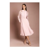 Long Sleeve Lace and Pleated Midi Shirt Dress
