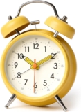 Loud Alarm Clock for Heavy Sleepers, Silent Metal Alarm Clock Non Ticking, 4 Twin Bell Alarm Clock with Night Light, Battery Operated Analogue Alarm Clock for Bedroom (Yellow)