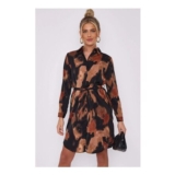 Love Sunshine Brown Abstract Print Black Mini Shirt Dress